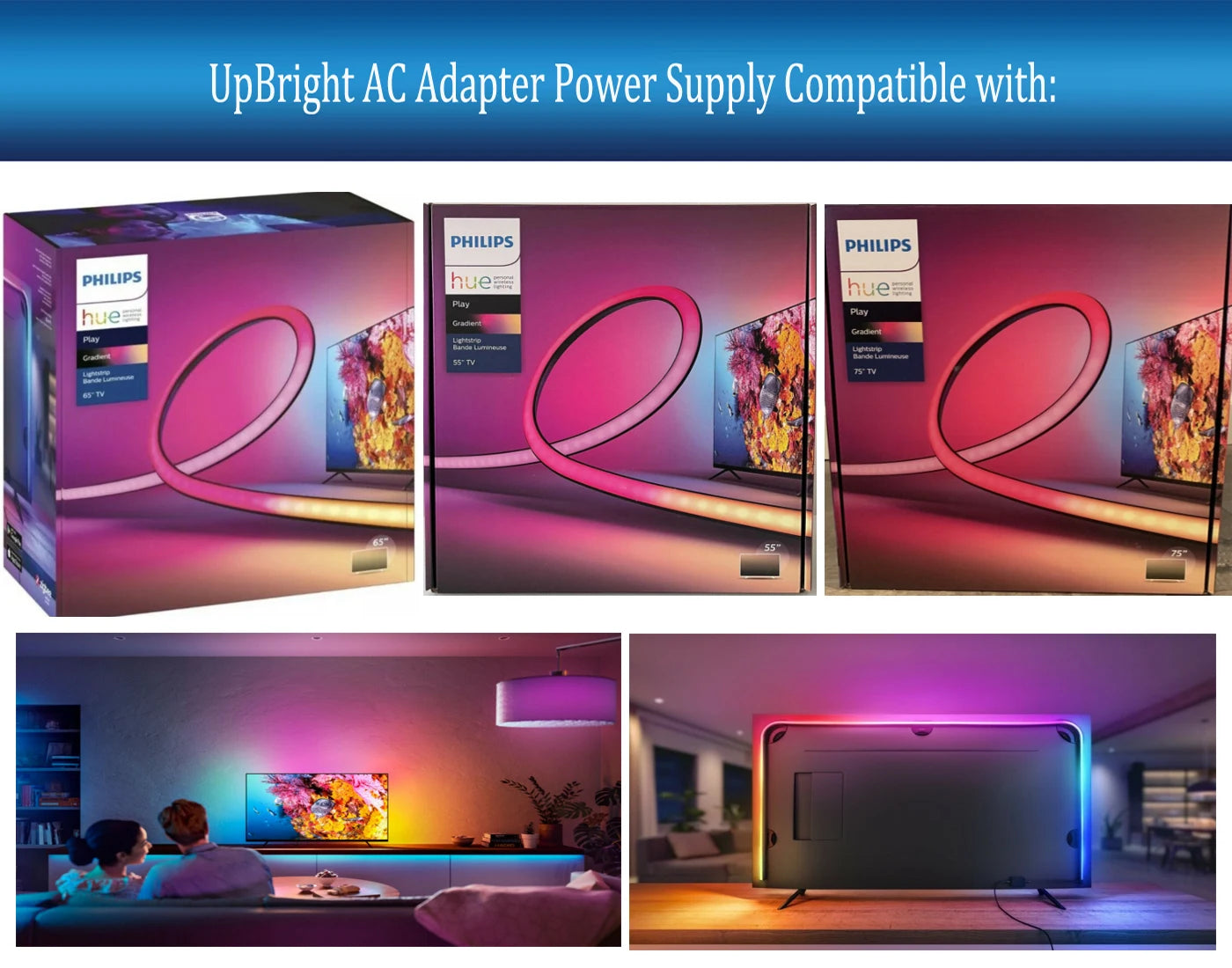 24V AC Adapter for Philips Hue Play Gradient Lightstrip 560409 560417 for 75" 65" 70" 55" TV Multi-Color Smart Light Strip 10W