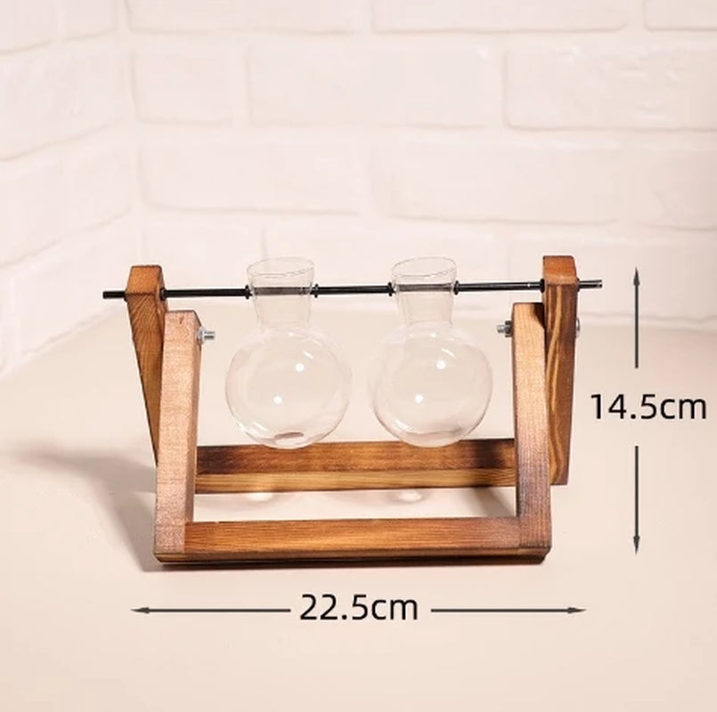 Wooden Frame Hydroponic Planter with Glass Bulb - Indoor Bonsai Plant Vase for Home Tabletop Office Desk Modern Decor